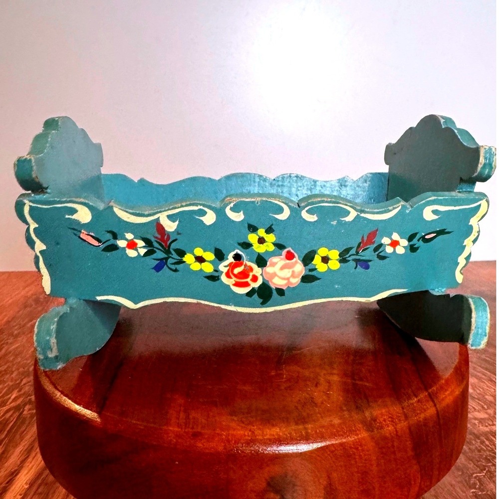 Hand painted Dora Kuhn German folk art wooden miniature doll bed